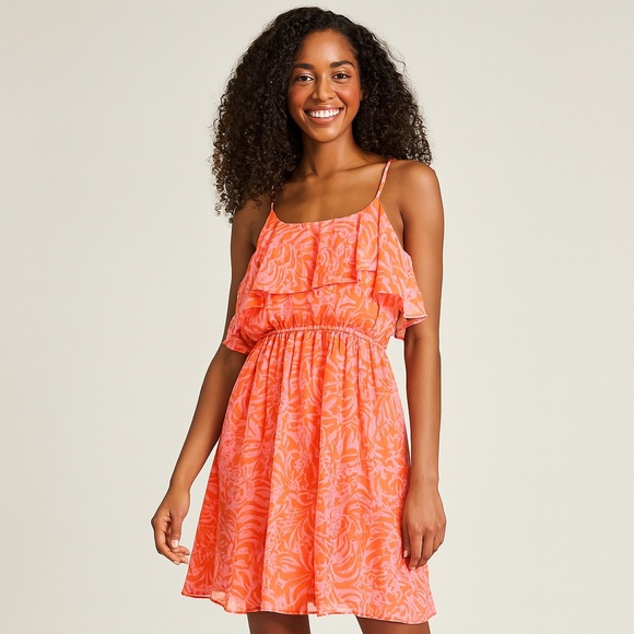Lilly Pulitzer Dresses & Skirts - Lilly Pulitzer XS Pink Orange Ruffle Sundress Tropical Print Adjustable Straps